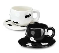 Havawish 2 Pack Halloween Ceramic Coffee Mug with Saucer Set, 12oz Ghost Bat Tea Cups with Handle Cute Black White Drinking Cups Sets for Halloween Party Gift home Decoration