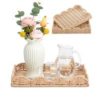 Havawish 2 Pcs Scalloped Tray Scalloped Basket Wicker Rattan Serving Tray with Handles Rattan Decorative Scallop Baskets for Table Decor, 2 Sizes