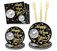 Havawish 2026 Happy New Year Party Plate Tableware Set 100 Pcs New Year Party Supplies 25 Guests Black and Gold Paper Plates Napkins for Decorations