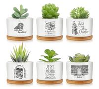 Havawish 6 Pieces Book Lover Gifts Succulent Pots for Reading Quotes Mini Ceramic Planter with Bamboo Tray Bookshelf Librarian Succulent Planter Gift