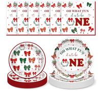 Havawish 72 Pcs Christmas 1st Birthday Party Supplies, Serves 24 | Oh What Fun It Is to Be One Birthday Decor, Plate and Napkin, Red and Green Bow Design, for Xmas First Birthday, Winter Party