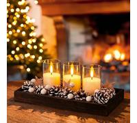 Havawish Christmas Table Centerpieces with 3 Flameless LED Candles | Wood Display Tray, Pinecones Berries, Rustic Bark Stars, Rustic Wood Candle Holder Centerpiece for Holiday Dining Table, Home