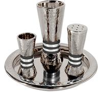 Havdallah Set Hammered Nickel Cone Shaped 4 Piece Set Designed with Black Rings