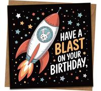 Have a Blast on Your Birthday Rocket Bunny Greeting Card - Space Theme, 145mm x 145mm Square - Cute Kids Birthday Card with Kraft Envelope