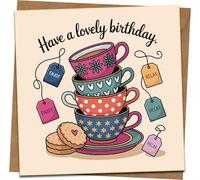 Have a Lovely Birthday Tea Cups Greeting Card - 145mm x 145mm Square with Kraft Envelope, Cute Teacup and Biscuit Design with Relax and Enjoy Tags - For Her, Mum, Friend, Women, Daughter