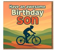 Have an Awesome Birthday Son Cycling Card - Mountain Bike Silhouette at Sunset over Rolling Hills - For Sporty, Outdoorsy Boys