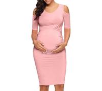 Havejoy Off Shoulder Short Sleeve Maternity Midi Dress for Women Photo Shoot Wedding Baby Shower Summer Pregnant Dresses Pink