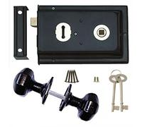 Haven Heritage Deadbolt Door Lock Cast Iron Knobs/Handle - Shed Llock, Garden Gate Lock with Key, Rim Lock Door Knobs, Gate Dead Bolts with Keys Rim Lock Set 6"x 4" (Lock + Black Cast Iron Handle)