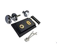 Haven Heritage Deadbolt Door Lock Cast Iron Knobs/Handle - Shed Llock, Garden Gate Lock with Key, Rim Lock Door Knobs, Gate Dead Bolts & Rim Locks with Keys Rim Lock Set 6"x 4" (Lock + Chrome Handle)