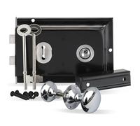 Haven Heritage Deadbolt Door Lock - Shed Lock, Garden Gate Lock with Key, Rim Lock Door Knobs, Gate Dead Bolts & Rim Locks with Keys - Rim Lock Black Chrome + Knob Chrome