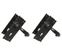 Haven Heritage Door Handle CAST Iron EPOXY Black Traditional Antique Lever Lock Ornate Square Plate INC FIXINGS - Backplate Measures Approx 158MM X 52MM - Sold in Pairs (2)