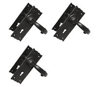 Haven Heritage Door Handle CAST Iron EPOXY Black Traditional Antique Lever Lock Ornate Square Plate INC FIXINGS - Backplate Measures Approx 158MM X 52MM - Sold in Pairs (3)