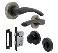 Haven Heritage Door Handle Sets - Zena Design Modern Matt Black Door Handles Internal & External Use - Black Matt Black Lever Latch with Antique Rose and Matt Black Thumb Turn, Sash Lock