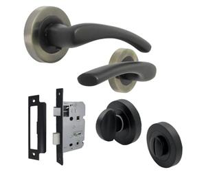 Haven Heritage Door Handle Sets - Zena Design Modern Matt Black Door Handles Internal & External Use - Black Matt Black Lever Latch with Antique Rose and Matt Black Thumb Turn, Sash Lock