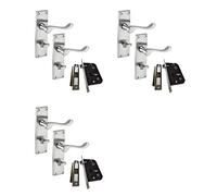 Haven Heritage Door Handle Victorian Scroll Lock Satin Nickle + 2.5" Mortice Bath Lock Pack of 3