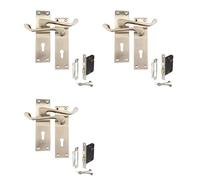 Haven Heritage Door Handle Victorian Scroll Lock Satin Nickle + 2.5" Mortice Sash Lock Pack of 3