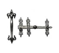 Haven Heritage - Heavy Duty Suffolk Latches for Garden Gate, Suffolk Gate Latch for Wooden Gates - Fleur De LYS Suffolk Latch Antique Black Thumb Latch Cast Iron - Cottage Country Door Gate - 9.5''