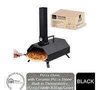 Haven Wood Fired Pizza BBQ Oven - Stainless Steel, Rustproof, Outdoor with 11" Pizza Stone, Paddle & Rain Cover - Black