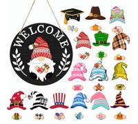 HavenDomicile Interchangeable Wooden Gnome Welcome Sign With 15 Magnetic Hats And Seasonal Accessories For Garden Or Porch Decor (MZ979B)