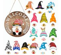HavenDomicile Interchangeable Wooden Gnome Welcome Sign With 15 Magnetic Hats And Seasonal Accessories For Garden Or Porch Decor (MZ980B)