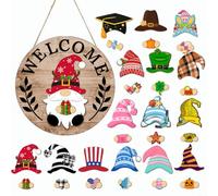HavenDomicile Interchangeable Wooden Gnome Welcome Sign With 15 Magnetic Hats And Seasonal Accessories For Garden Or Porch Decor (MZ979C)