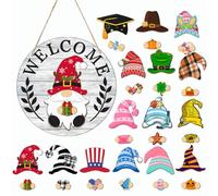 HavenDomicile Interchangeable Wooden Gnome Welcome Sign With 15 Magnetic Hats And Seasonal Accessories For Garden Or Porch Decor (MZ979A)
