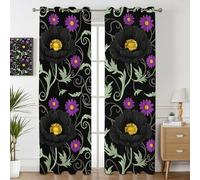 Havenix Black Poppy Blackout Curtains for Bedroom Living Room, Dark Botanical Flower Patterned Curtains 90x90, Thermal Insulated Eyelet Drapes for Windows, 2 Panels