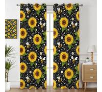 Havenix Black Sunflower Blackout Curtains for Bedroom Living Room, Bee and Daisy Patterned Curtains 66x72, Thermal Insulated Eyelet Drapes for Windows, 2 Panels