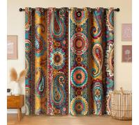 Havenix Boho Paisley Multicolour Blackout Curtains for Bedroom Living Room, Eyelet Curtains 66x72, Thermal Insulated Drapes for Windows, Mustard and Teal Striped Vintage Window Treatments, 2 Panels