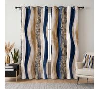 Havenix Contemporary Taupe and Blue Blackout Curtains for Bedroom Living Room, Eyelet Curtains 229cm Drop, Thermal Insulated Drapes for Windows, Modern Abstract Wave Window Treatments, 2 Panels