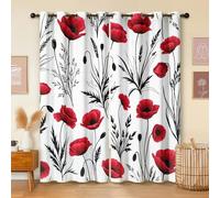 Havenix Modern Red Poppy Blackout Curtains for Bedroom Living Room, Eyelet Curtains 66x54, Thermal Insulated Drapes for Windows, Wildflower Botanical Black White Window Treatments, 2 Panels