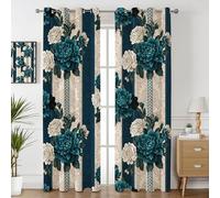 Havenix Teal and Cream Floral Blackout Curtains for Bedroom Living Room, Eyelet Curtains 66x54, Thermal Insulated Drapes for Windows, Vintage Rose and Peony Patterned Window Treatments, 2 Panels