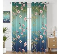 Havenix Teal Ombre Asian Botanical Blackout Curtains for Bedroom Living Room, Eyelet Curtains 66x54, Thermal Insulated Drapes for Windows, Cherry Blossom Bamboo Patterned Window Treatments, 2 Panels