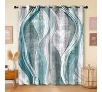 Havenix Turquoise and Grey Geometric Wave Blackout Curtains for Bedroom Living Room, Eyelet Curtains 46x72, Thermal Insulated Drapes for Windows, Modern Wavy Line Window Treatments, 2 Panels