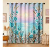 Havenix Turquoise Beach Landscape Blackout Curtains for Bedroom Living Room, Eyelet Curtains 46x90, Thermal Insulated Drapes for Windows, Pastel Coastal Ocean Sunset Window Treatments, 2 Panels
