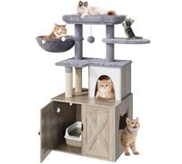 Cat Litter Box Enclosure with Cat Tree, All-in-One Wooden Indoor Cat House with Cat Tree Tower and Condo,Hidden Cat Washroom Furniture with Scratching Post,Hammocks,Multiple Platform,Soft Plush Perch