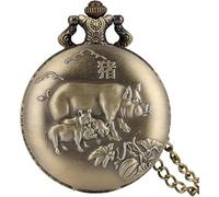 HAvern Vintage Mechanical Pocket Watch Antique Bronze Chinese Zodiac Series Design Quartz Pocket Watch Animal Watch Necklace Pendant Gift Old Fashioned Watch Fob Chain (Pig)