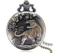 HAvern Vintage Mechanical Pocket Watch Antique Bronze Chinese Zodiac Series Design Quartz Pocket Watch Animal Watch Necklace Pendant Gift Old Fashioned Watch Fob Chain (Tiger)