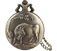 HAvern Vintage Mechanical Pocket Watch Antique Bronze Chinese Zodiac Series Design Quartz Pocket Watch Animal Watch Necklace Pendant Gift Old Fashioned Watch Fob Chain (Ox)