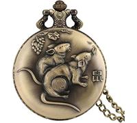 HAvern Vintage Mechanical Pocket Watch Antique Bronze Chinese Zodiac Series Design Quartz Pocket Watch Animal Watch Necklace Pendant Gift Old Fashioned Watch Fob Chain (Rat)