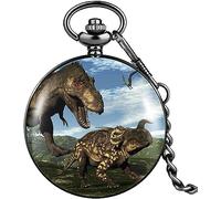 HAvern Vintage Mechanical Pocket Watch Flip Quartz Pocket Watch Two Dinosaurs Man Classic White Digital Dial Girl Thick Chain Practical Alloy Case Pocket Watch Pendant
