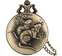 HAvern Vintage Mechanical Pocket Watch Necklace Antique Bronze Chinese Zodiac Series Design Quartz Pocket Watch Animal Watch Pendant Gift Old Watch Chain,Rat