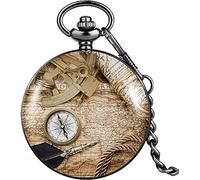 HAvern Vintage Mechanical Pocket Watch Nostalgia Pocket Watch Antique Compass Map Pattern Arabic Numerals Nostalgia Dial Smooth Cover Thick Chain Unisex Necklace Watch (1)