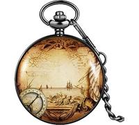 HAvern Vintage Mechanical Pocket Watch Nostalgia Pocket Watch Antique Compass Map Pattern Arabic Numerals Nostalgia Dial Smooth Cover Thick Chain Unisex Necklace Watch (2)