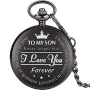 HAvern Vintage Mechanical Pocket Watch Vintage Bronze Quartz Pocket Watch to My Son I Love You Design Arabic Numeral Display Pendant Clock Birthday Gifts Art Collection (Black)