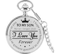 HAvern Vintage Mechanical Pocket Watch Vintage Bronze Quartz Pocket Watch to My Son I Love You Design Arabic Numeral Display Pendant Clock Birthday Gifts Art Collection (Silver)