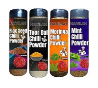 Havilah Gourmet Spice Powder Set: Flax Seed, Toor Dal, Mint, and Moringa Chilli Powder with Sprinkler Bottles |Avisa Ginjala Karam Podi |Toor Dal Idli kandi podi |Pudhina chilli | Munaga Karam