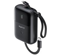 HAVIT 10000mAh Power Bank with Built in Cable - Fast Charging Portable Powerbank Charger with USB-C & Lightning Cables, Compact External Battery Pack for iPhone, Samsung, Travel & Camping - Black
