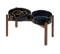 Havniva 1.6 Cup Elevated Slow Feeder Dog Bowls, 8.2” Dog Slow Feeding Bowls + 7.3” Ceramic Dog Water Bowls Set with Acacia Wood Stand Dog Food Bowls Puzzle Feeder for Medium Dogs Non-Slip Anti-choking