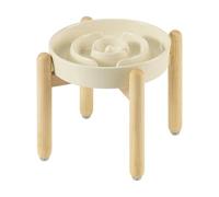 Havniva 7.3inch Ceramic Raised Slow Feeder Dog Bowl Set, Elevated Bowl with Wooden Stand for Medium and Small Dog, Puzzle Slow Dog Food Dish, Anti-Gulping(Beige, Single Bowl+ Stand)